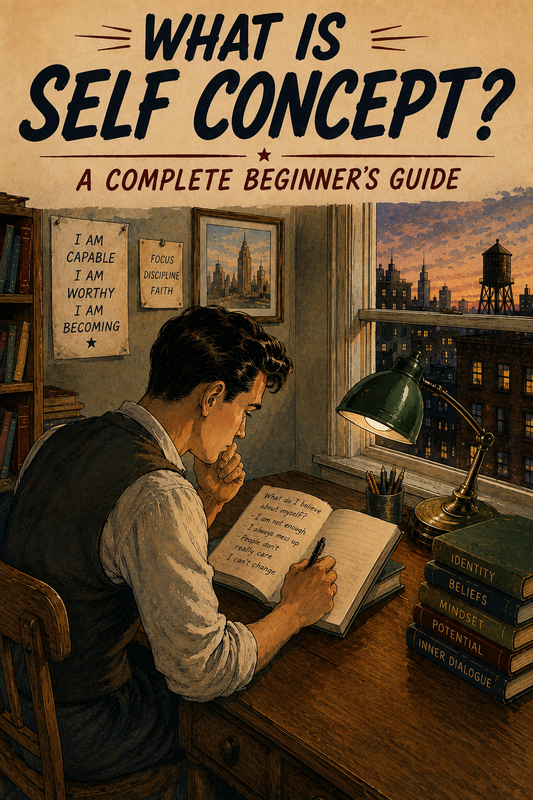 Vintage style illustration for the article "What Is Self Concept? A Complete Beginner's Guide," showing a man writing in a journal at a desk while reflecting on identity, beliefs, and personal growth.