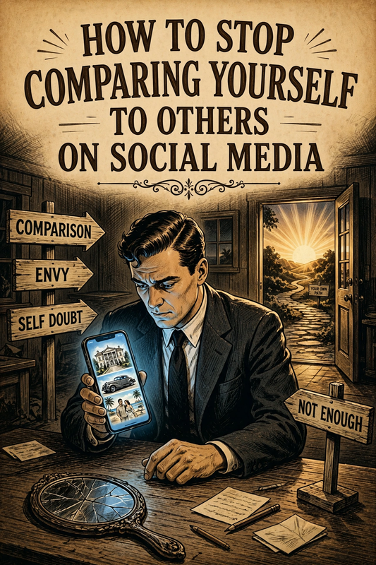 How to stop comparing yourself to others on social media, vintage illustration of a man choosing his own path over social media comparison